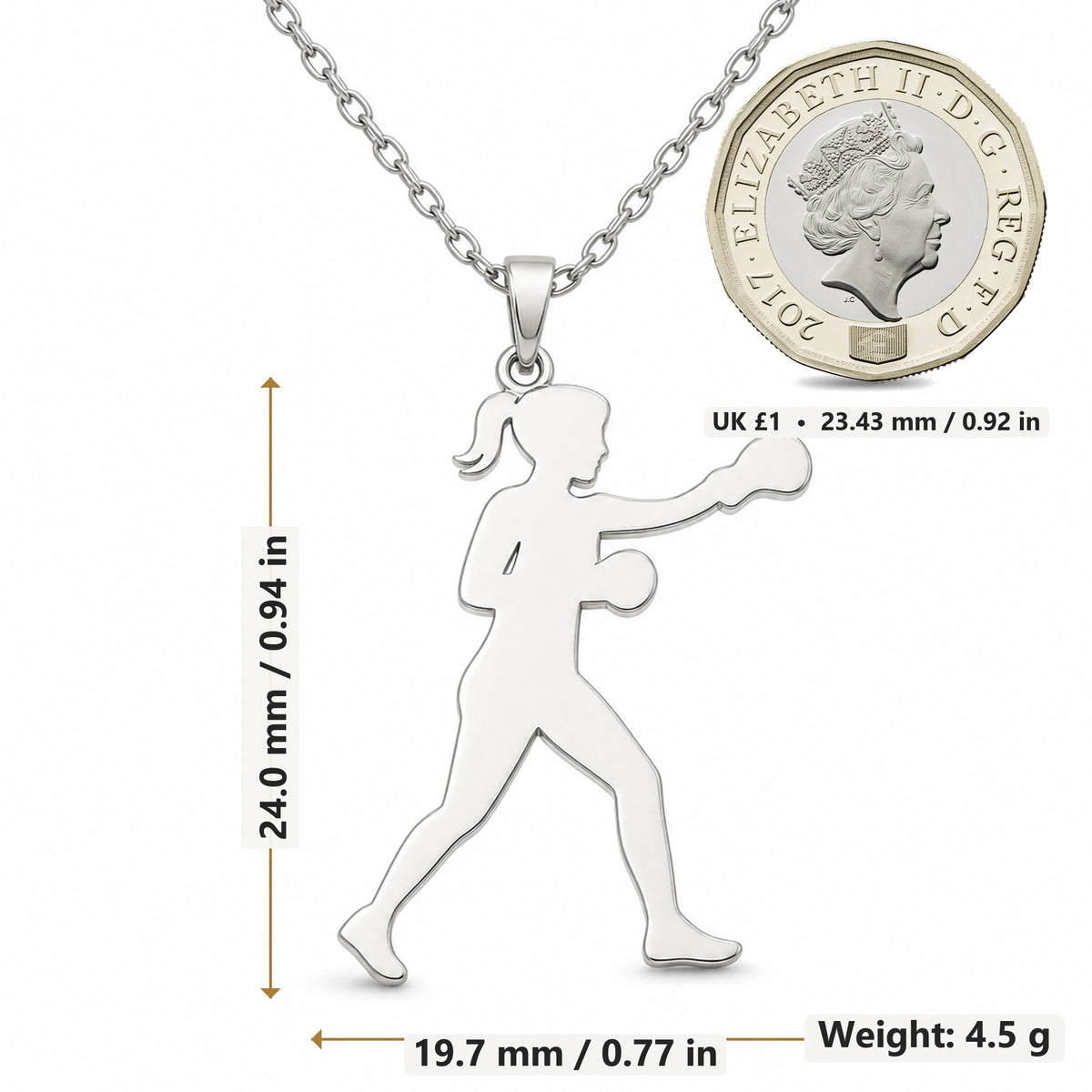 Female Boxer Punch pendant necklace size image showing 24.0 mm height, 19.7 mm width and 4.5 g weight