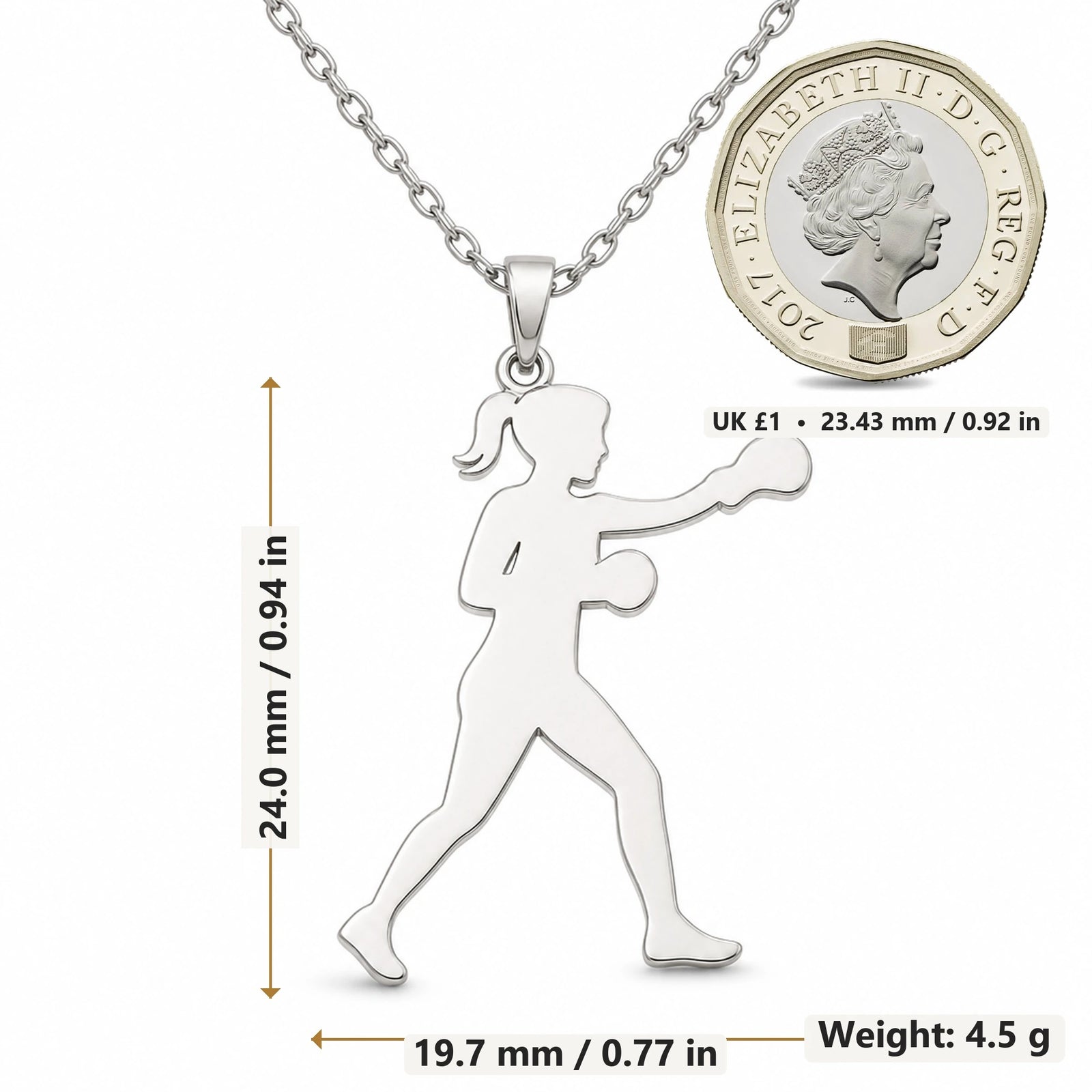 Female Boxer Punch pendant necklace size image showing 24.0 mm height, 19.7 mm width and 4.5 g weight