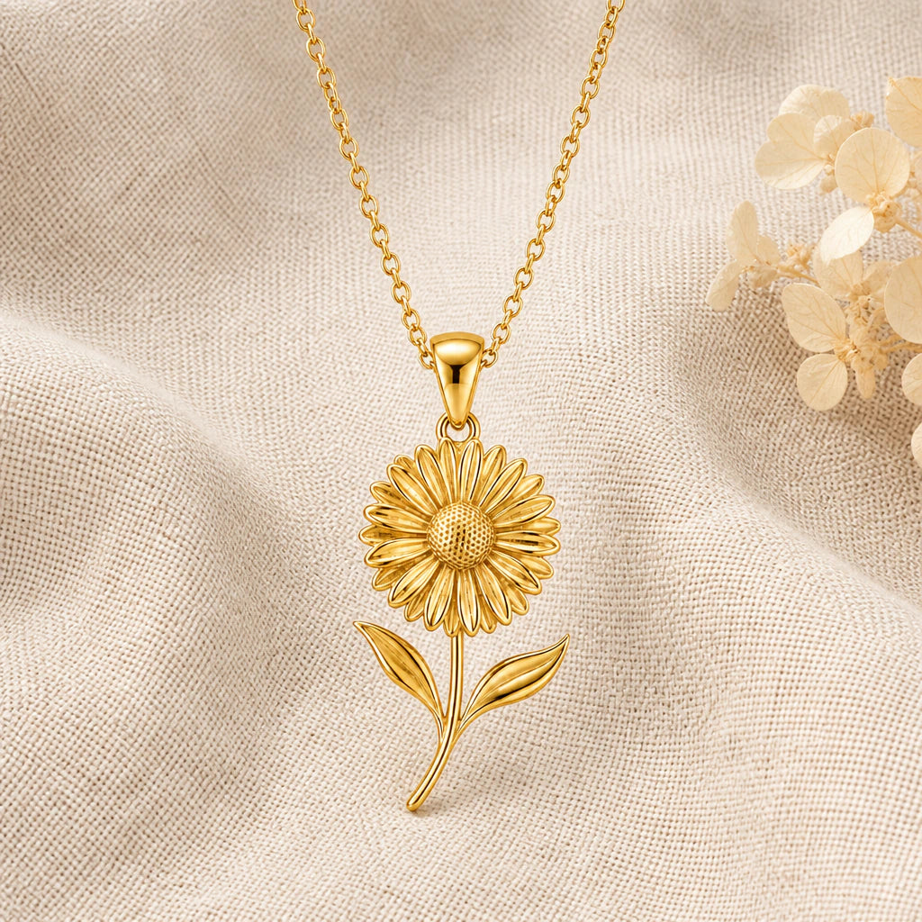 Gerbera Daisy Flower pendant necklace in a warm gold finish on cream fabric
