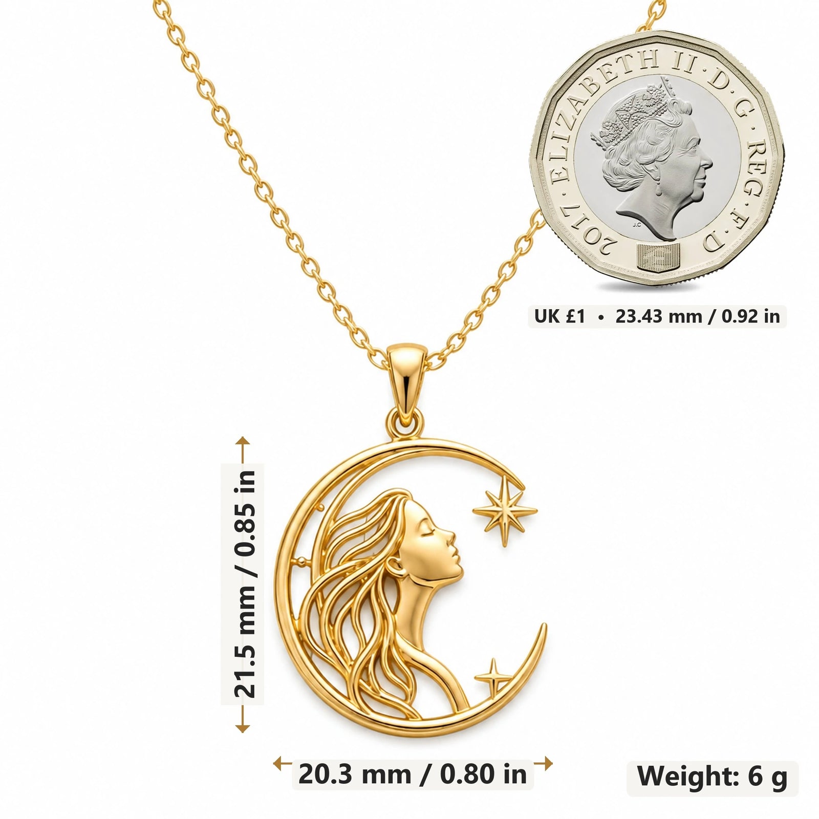 Celestial Woman Moon pendant necklace size image showing 21.5 mm height, 20.3 mm width and 6 g weight