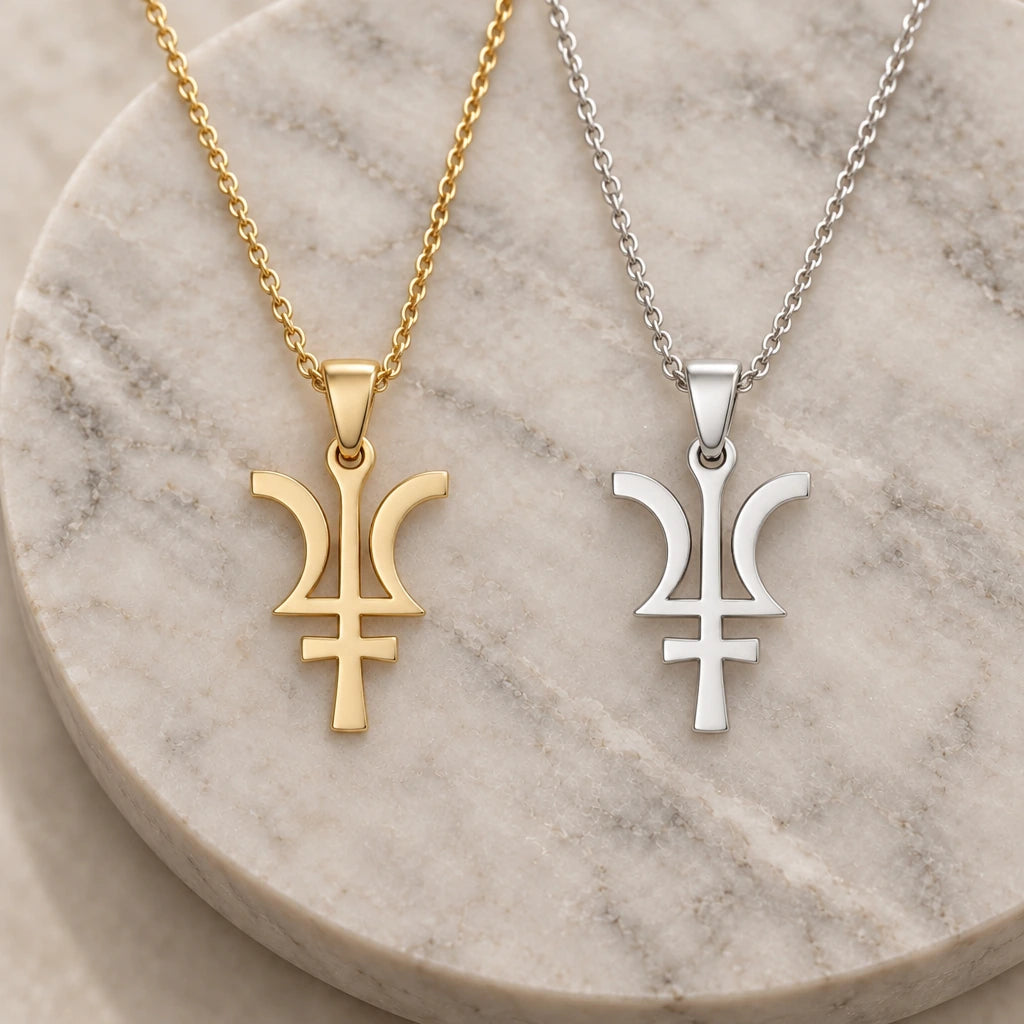 Neptune Symbol pendant necklace in silver and gold finishes side by side