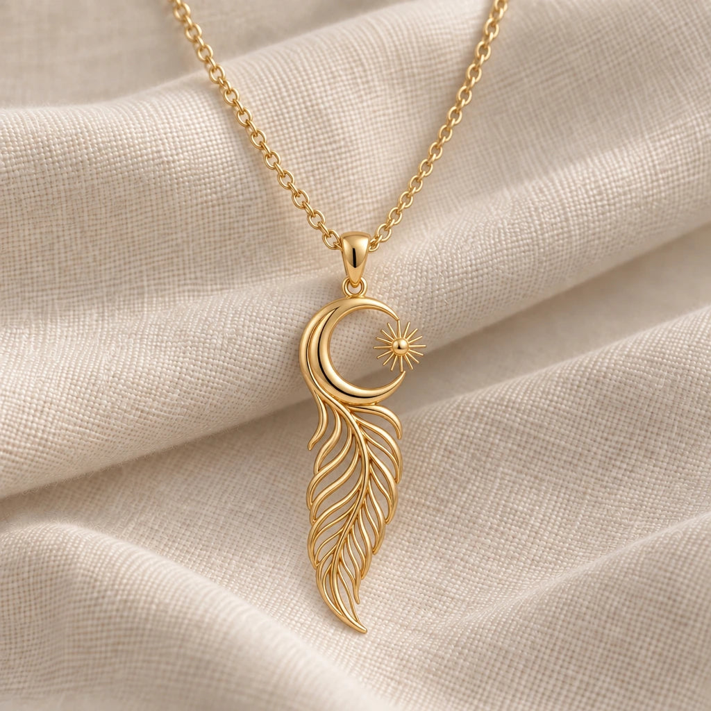 Eclipse Feather Moon pendant necklace in an 18k gold plated finish