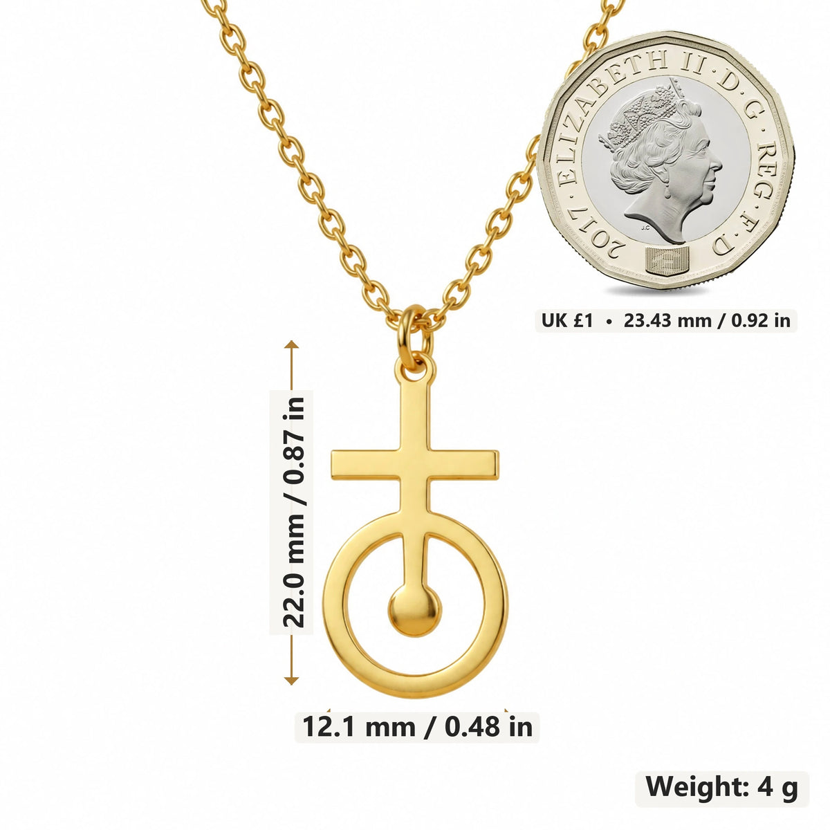 Antimony Cross Circle pendant necklace size image showing 22.0 mm height, 12.1 mm width and 4 g weight