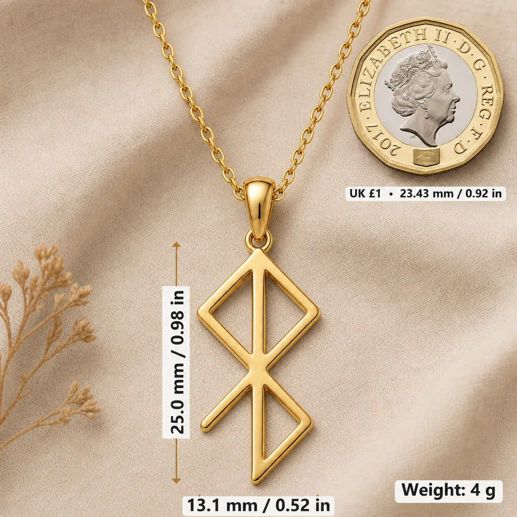 Inner Peace Rune Pendant Necklace size guide, 25 by 13.1 mm