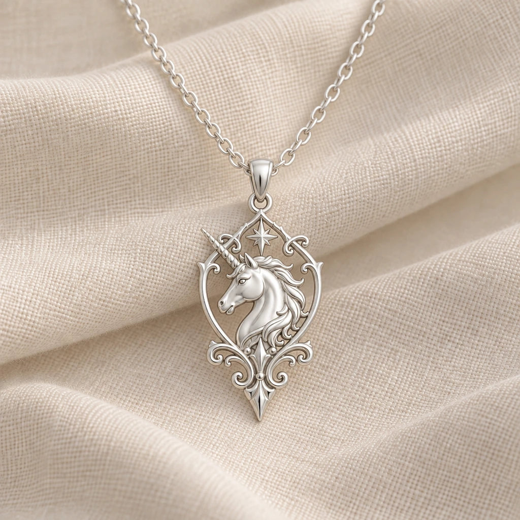 925 sterling silver unicorn sigil pendant necklace on cream fabric