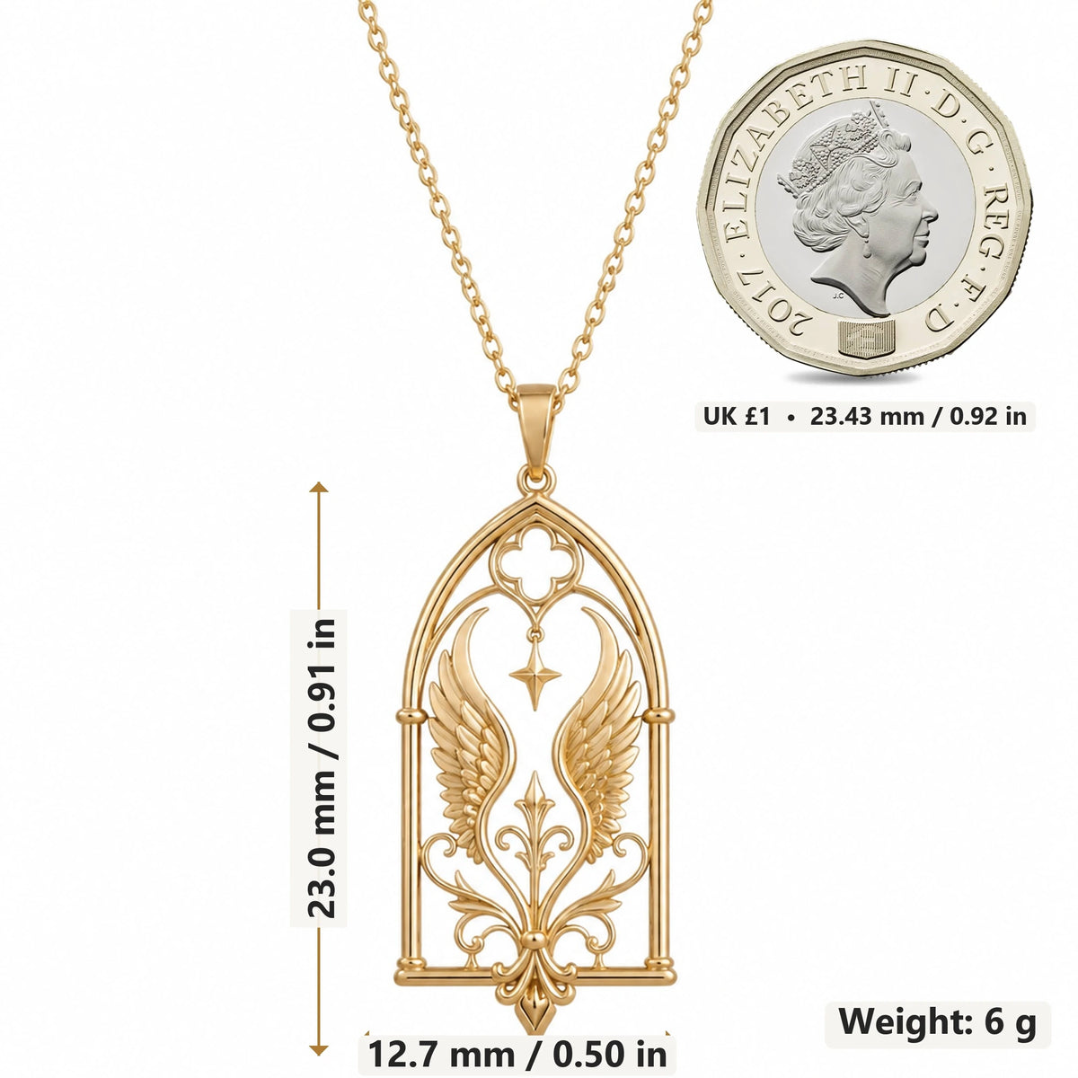 Queen Seraph Window pendant necklace size image showing 23.0 mm height, 12.7 mm width and 6 g weight