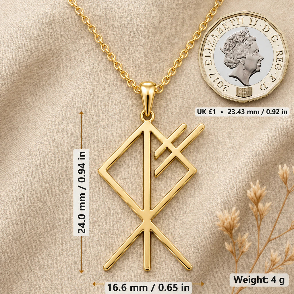 Viking Wolf Bind Rune Pendant Necklace size guide, 24 by 16.6 mm