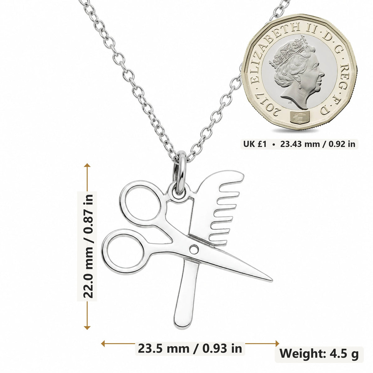 Hairdresser Scissors and Comb pendant necklace size image showing 22.0 mm height, 23.5 mm width and 4.5 g weight