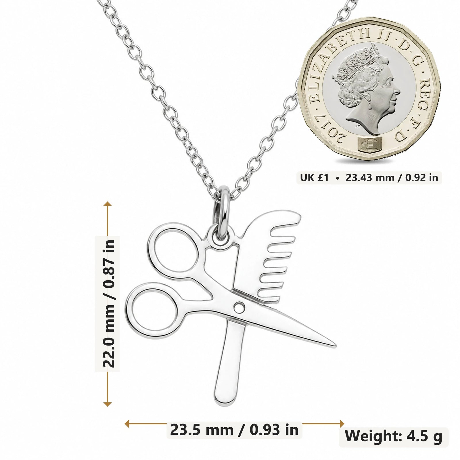 Hairdresser Scissors and Comb pendant necklace size image showing 22.0 mm height, 23.5 mm width and 4.5 g weight