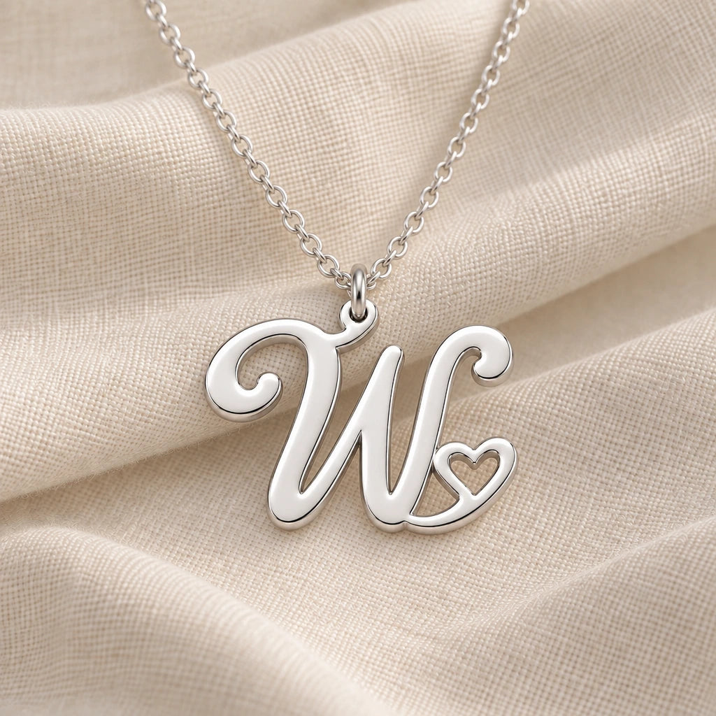 925 sterling silver w initial heart pendant necklace on softly folded cream linen