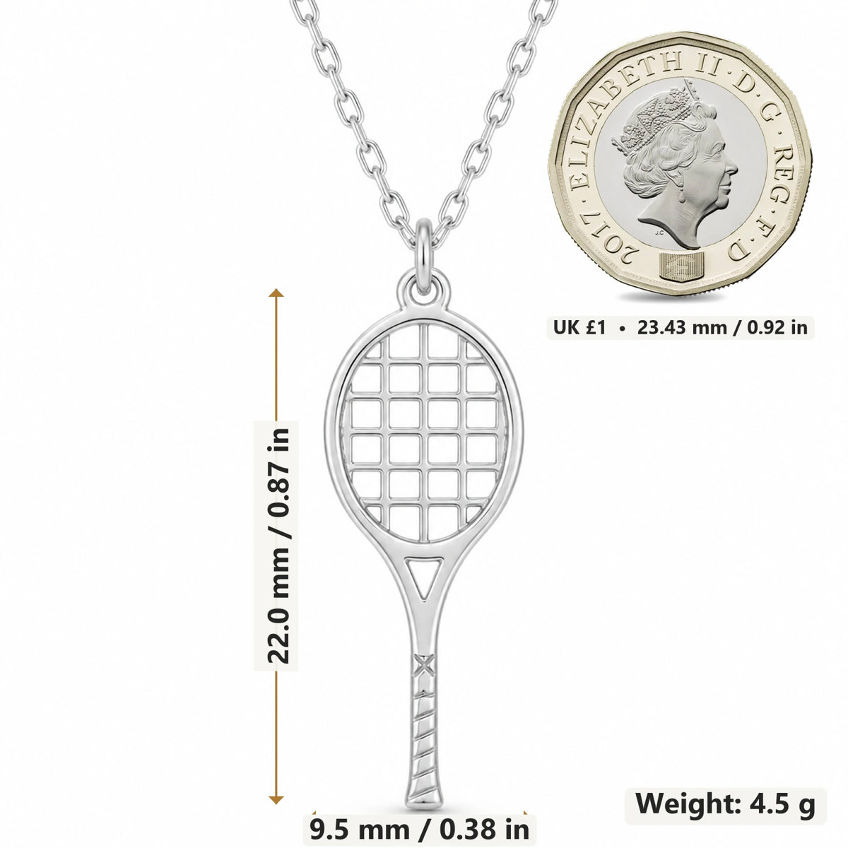 Tennis Racket pendant necklace size image showing 22 mm height and 9.5 mm width and 4.5 g weight