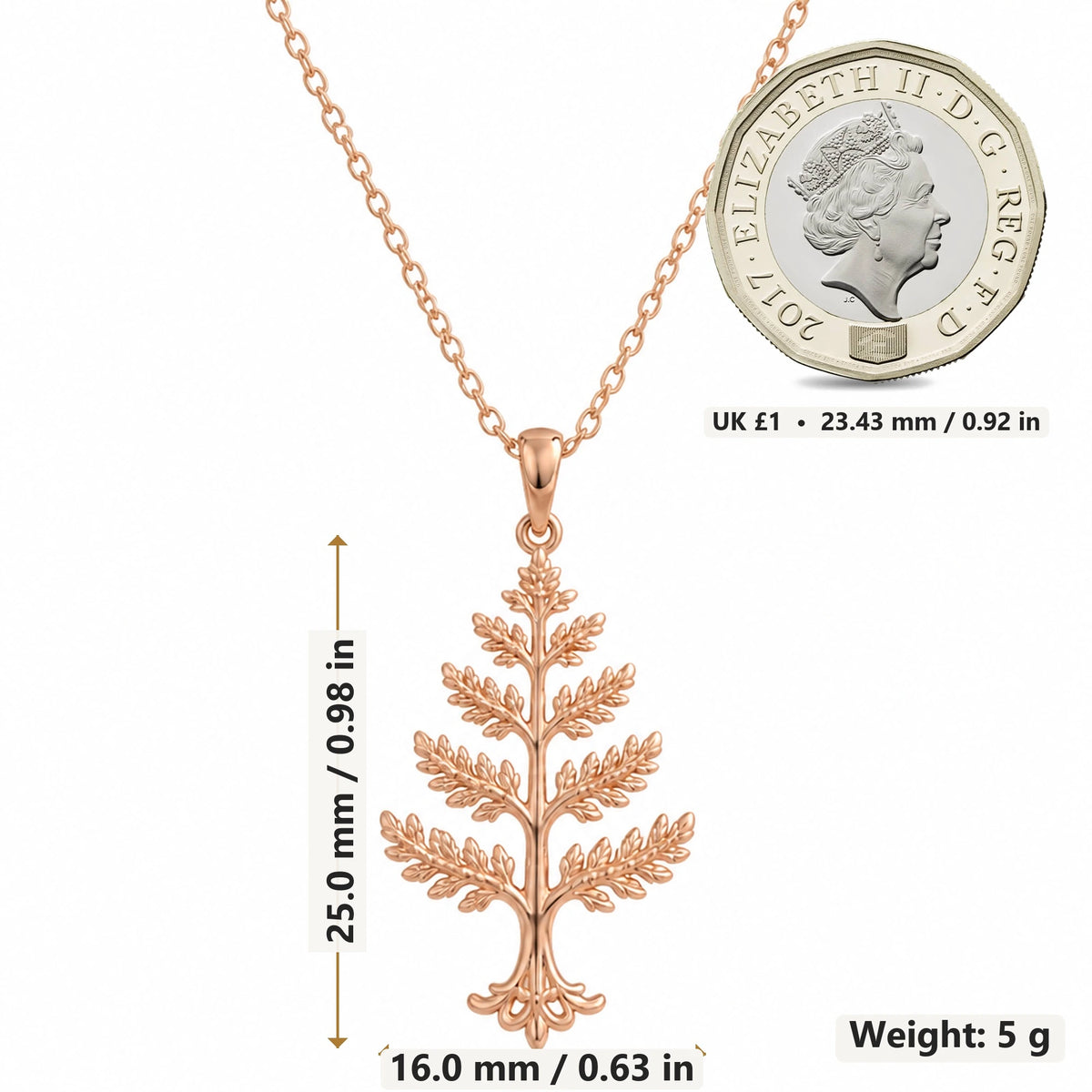 Cedar Crest Tree pendant necklace size image showing 25.0 mm height, 16.0 mm width and 5 g weight