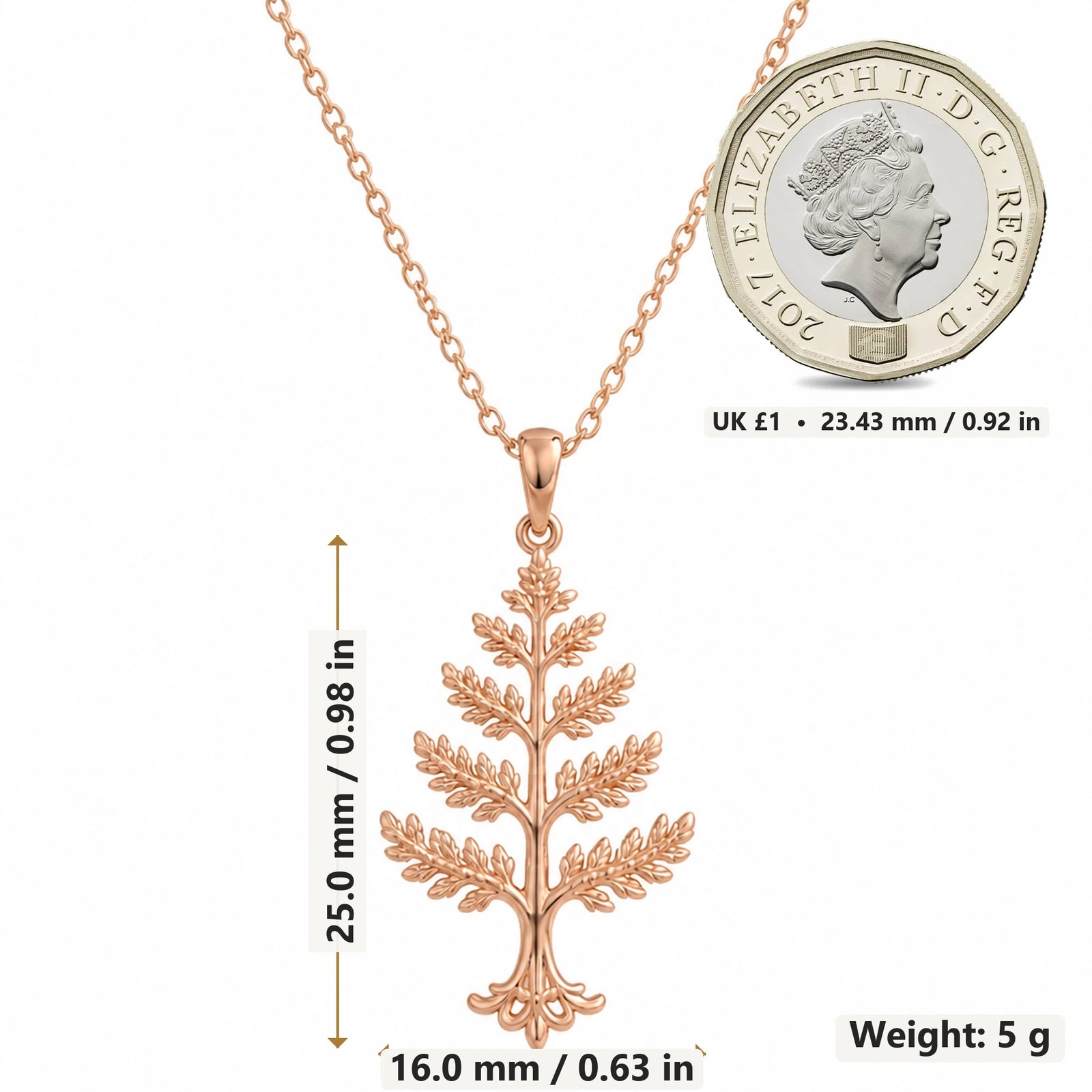 Cedar Crest Tree pendant necklace size image showing 25.0 mm height, 16.0 mm width and 5 g weight