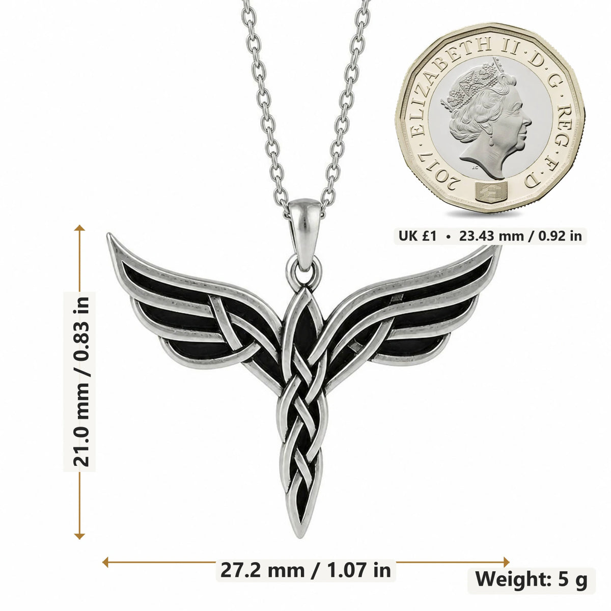 Elven Wing pendant necklace size image showing 21 mm height and 27.2 mm width and 5 g weight