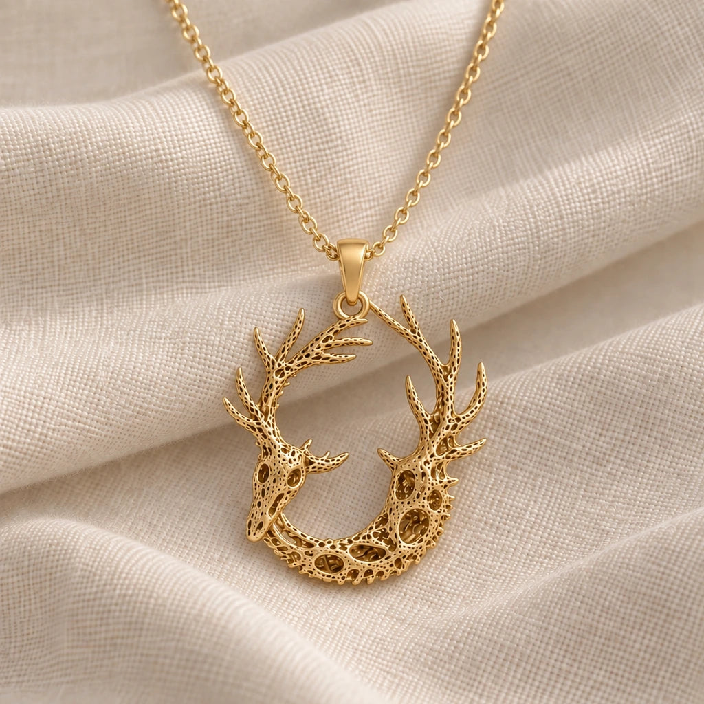 Fossil Deer Antler Ring pendant necklace in an 18k gold plated finish