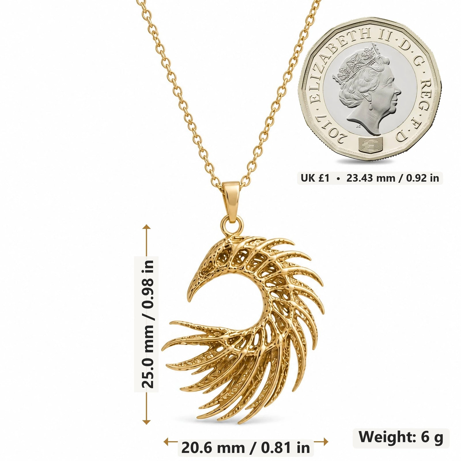 Eclipse Serpent Skeleton pendant necklace size image showing 25.0 mm height, 20.6 mm width and 6 g weight