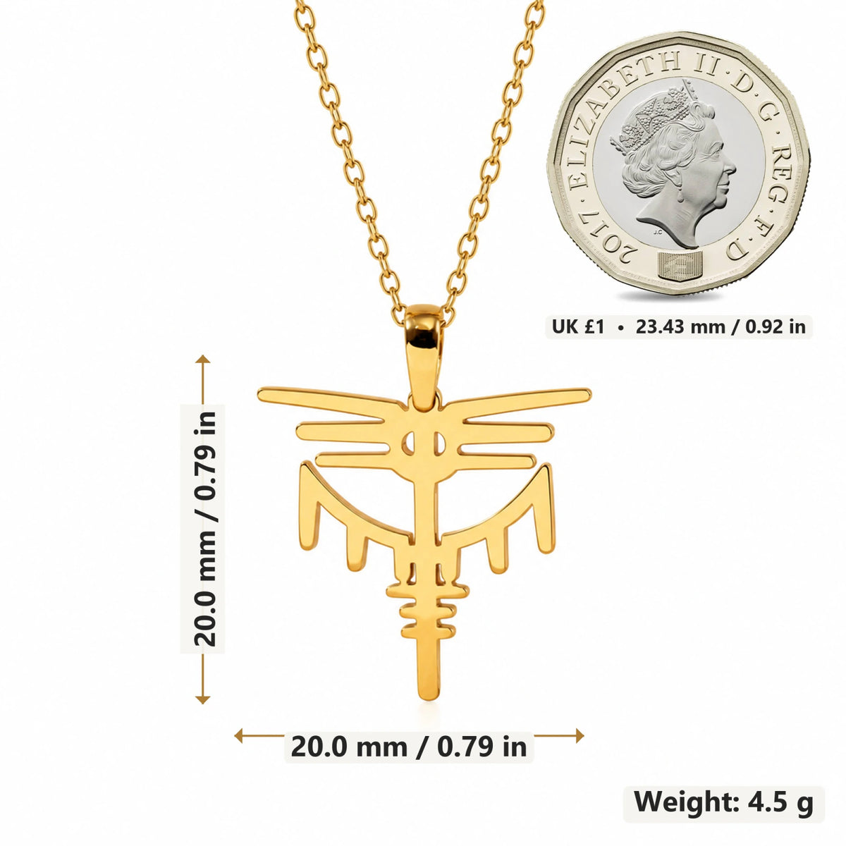 Valkyrie Dragon Sigil pendant necklace size image showing 20 mm height and 20 mm width and 4.5 g weight