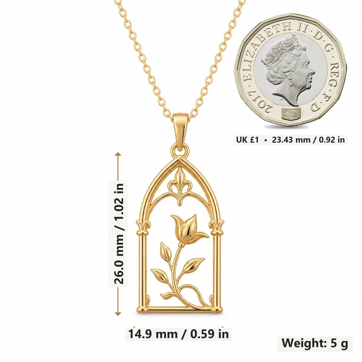 Royal Arch Bloom pendant necklace size image showing 26.0 mm height, 14.9 mm width and 5 g weight