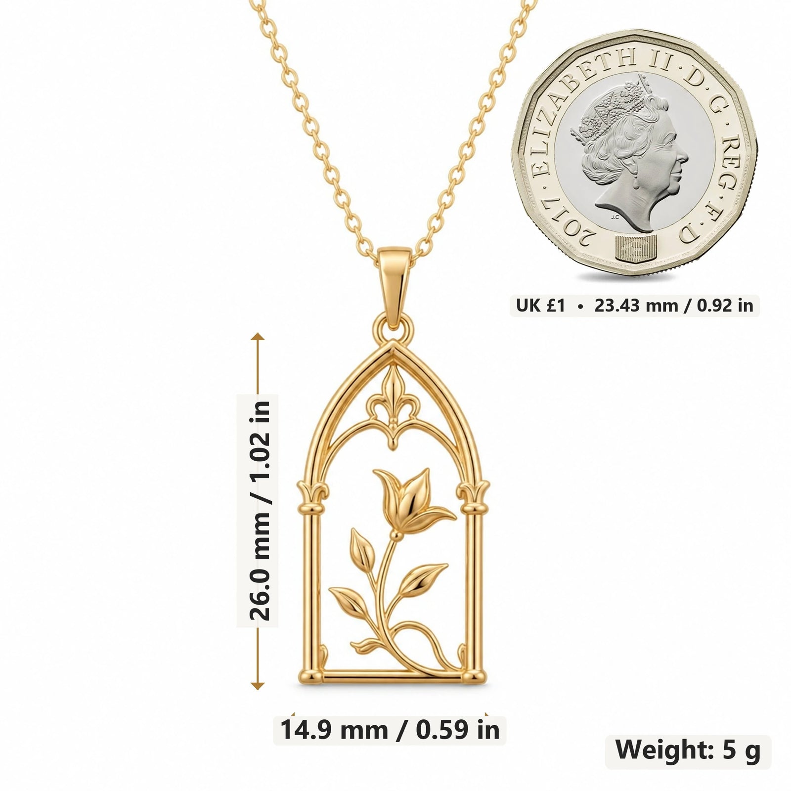 Royal Arch Bloom pendant necklace size image showing 26.0 mm height, 14.9 mm width and 5 g weight