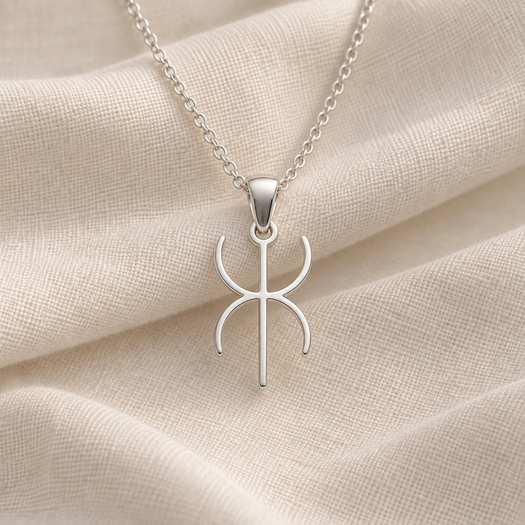 925 sterling silver duality crescent symbol pendant necklace on cream fabric