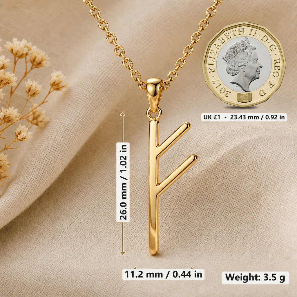 Viking Wealth Fehu Rune Pendant Necklace size guide, 26 by 11.2 mm