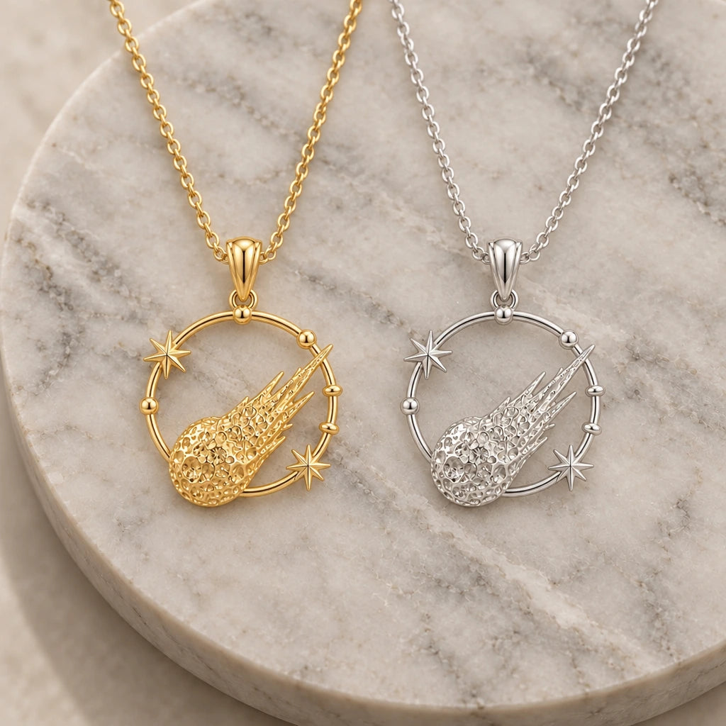 Galactic Meteor Halo pendant necklace in silver and gold finishes side by side