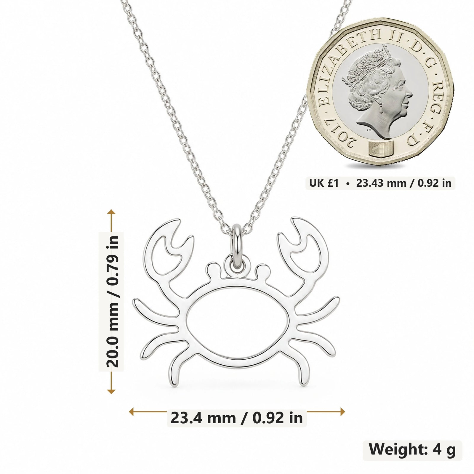 Crab Outline pendant necklace size image showing 20.0 mm height, 23.4 mm width and 4 g weight