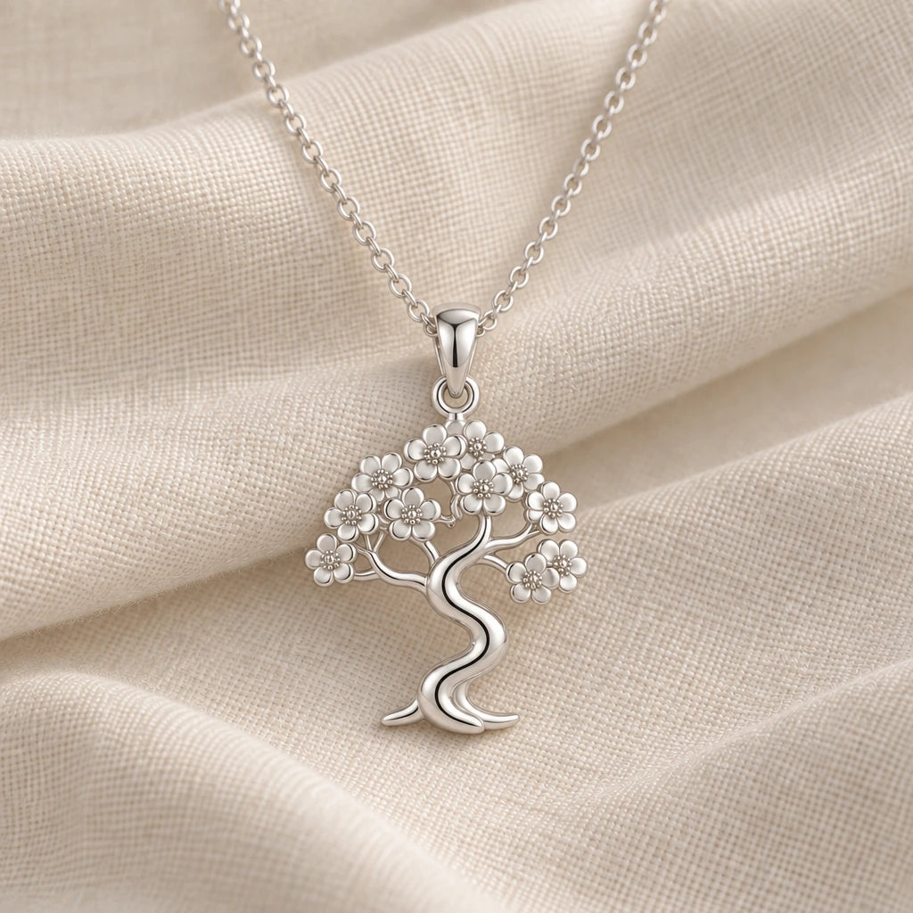 925 sterling silver sakura cloud bonsai pendant necklace on cream fabric