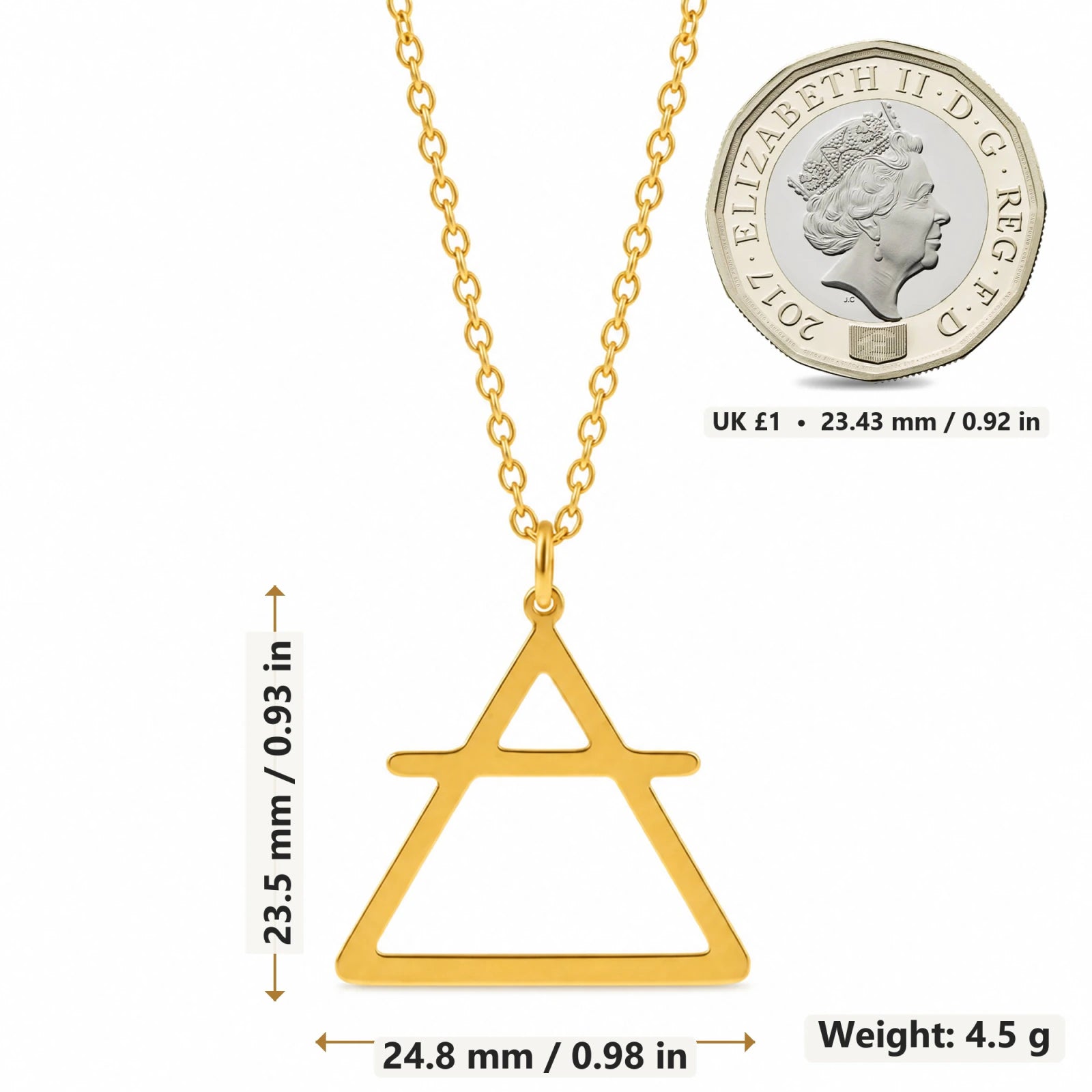 Air Element pendant necklace size image showing 23.5 mm height and 24.8 mm width and 4.5 g weight