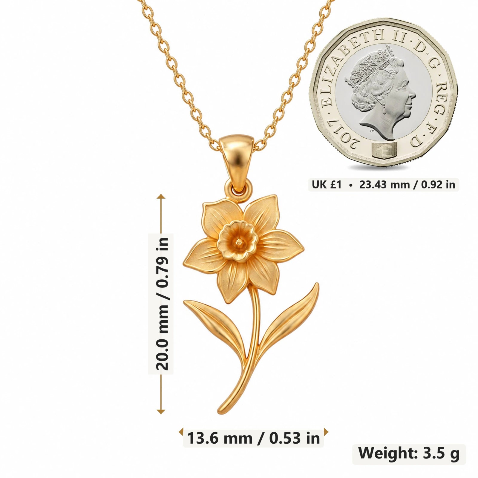 Daffodil Flower pendant necklace size image showing 20 mm height and 13.6 mm width and 3.5 g weight