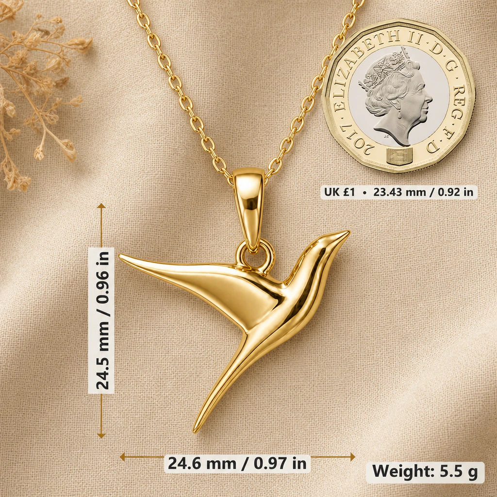 Hummingbird Flight Pendant Necklace size guide, 24.5 by 24.6 mm