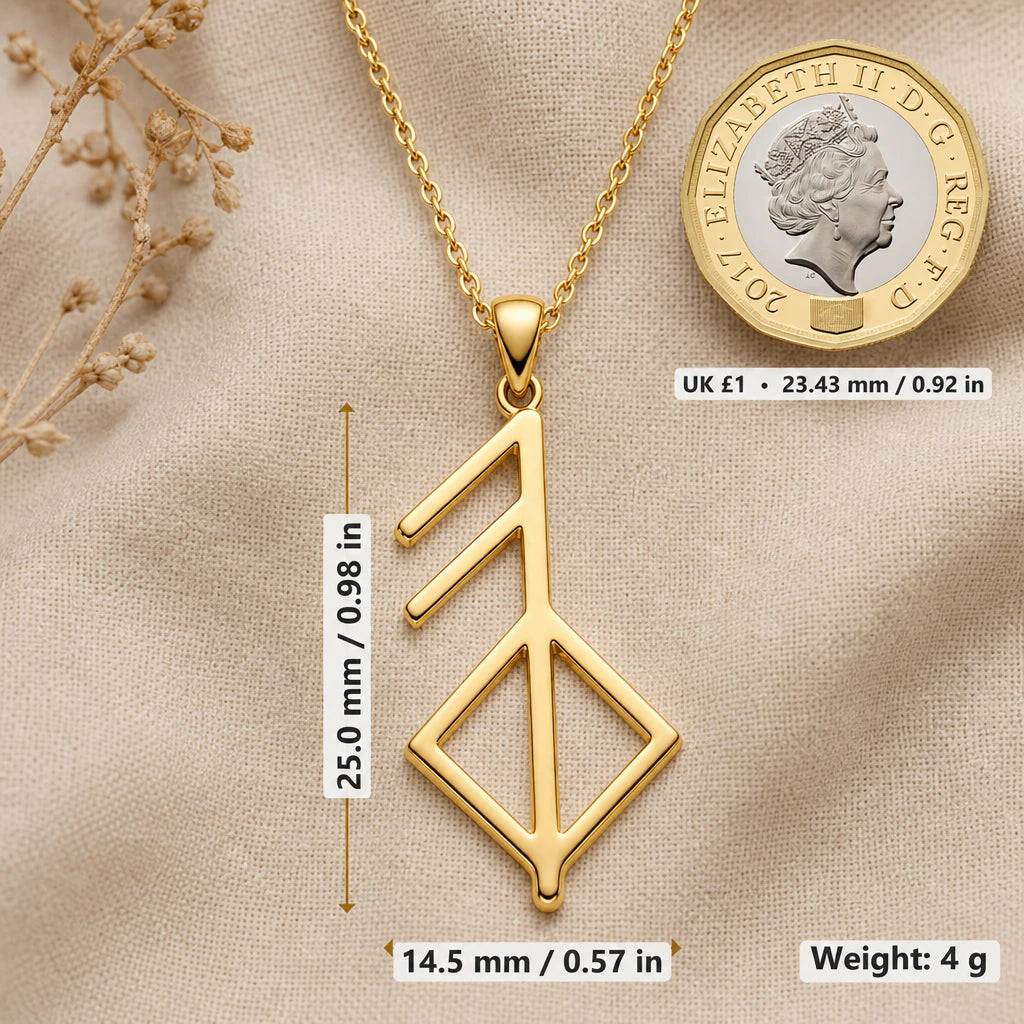Growing Love Rune Pendant Necklace size guide, 25 by 14.5 mm