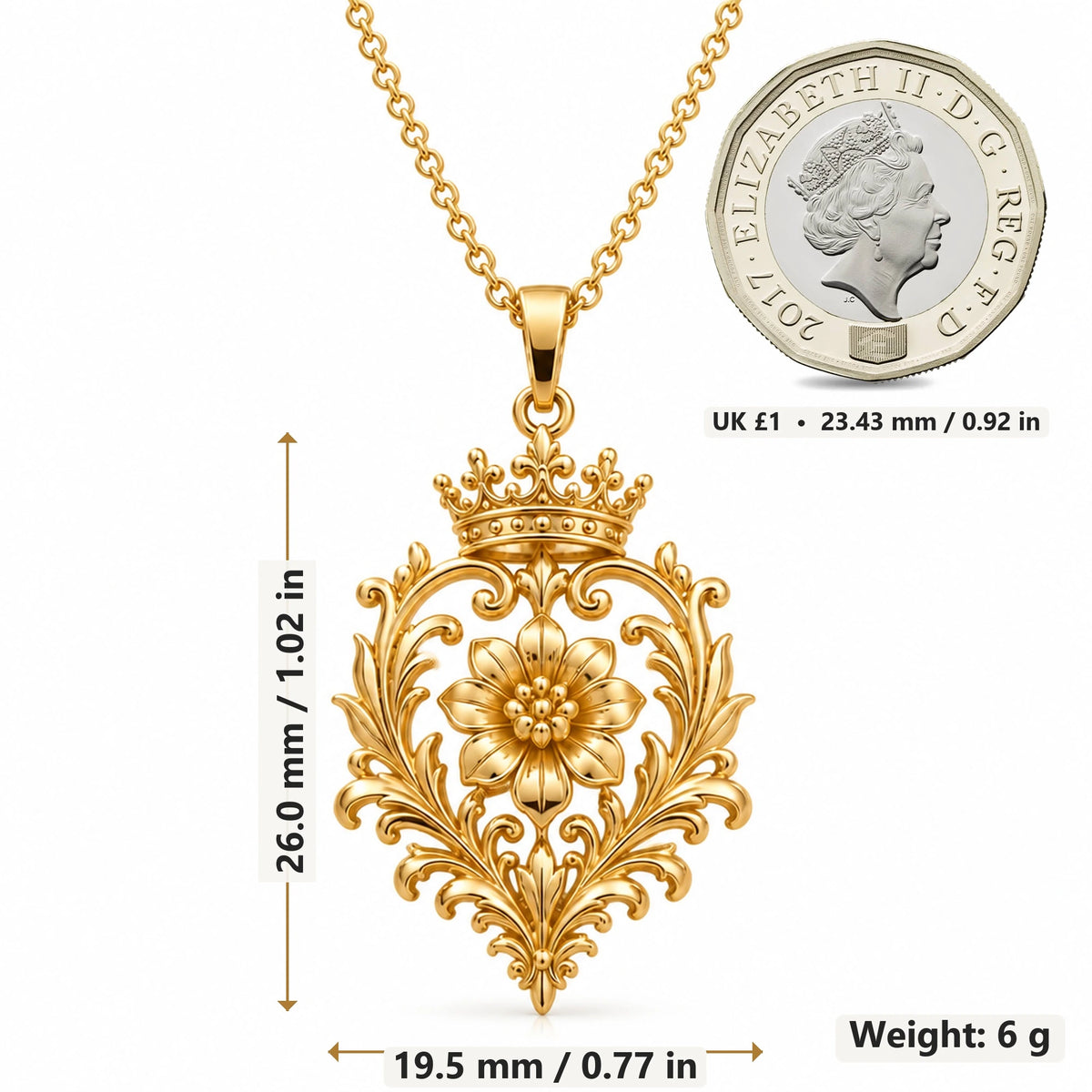 Golden Dynasty Bloom pendant necklace size image showing 26.0 mm height, 19.5 mm width and 6 g weight