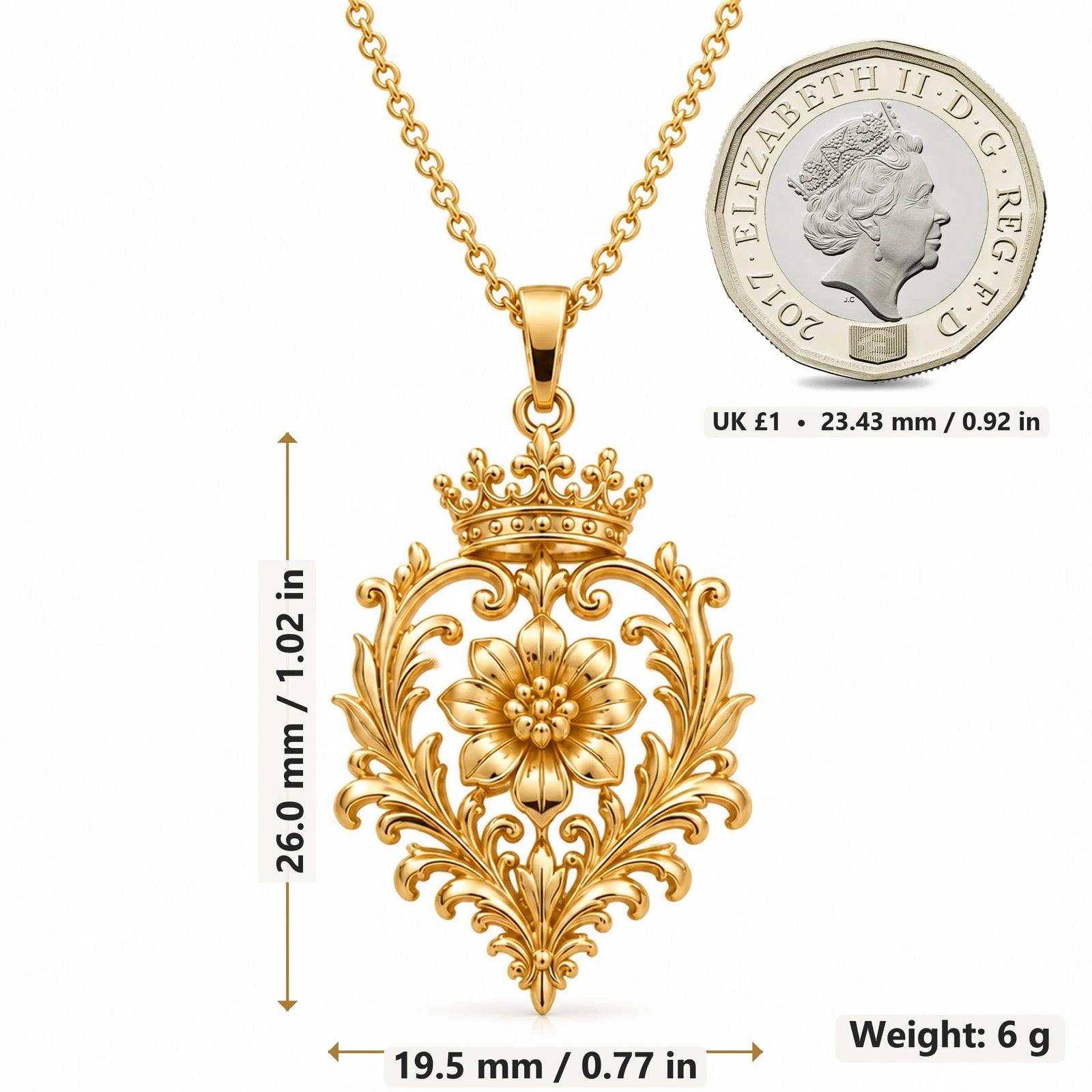 Golden Dynasty Bloom pendant necklace size image showing 26.0 mm height, 19.5 mm width and 6 g weight