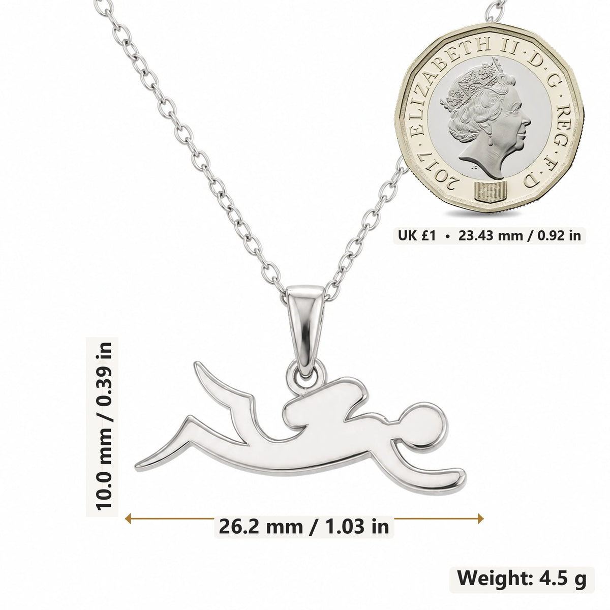 Swimmer Glide pendant necklace size image showing 10.0 mm height, 26.2 mm width and 4.5 g weight