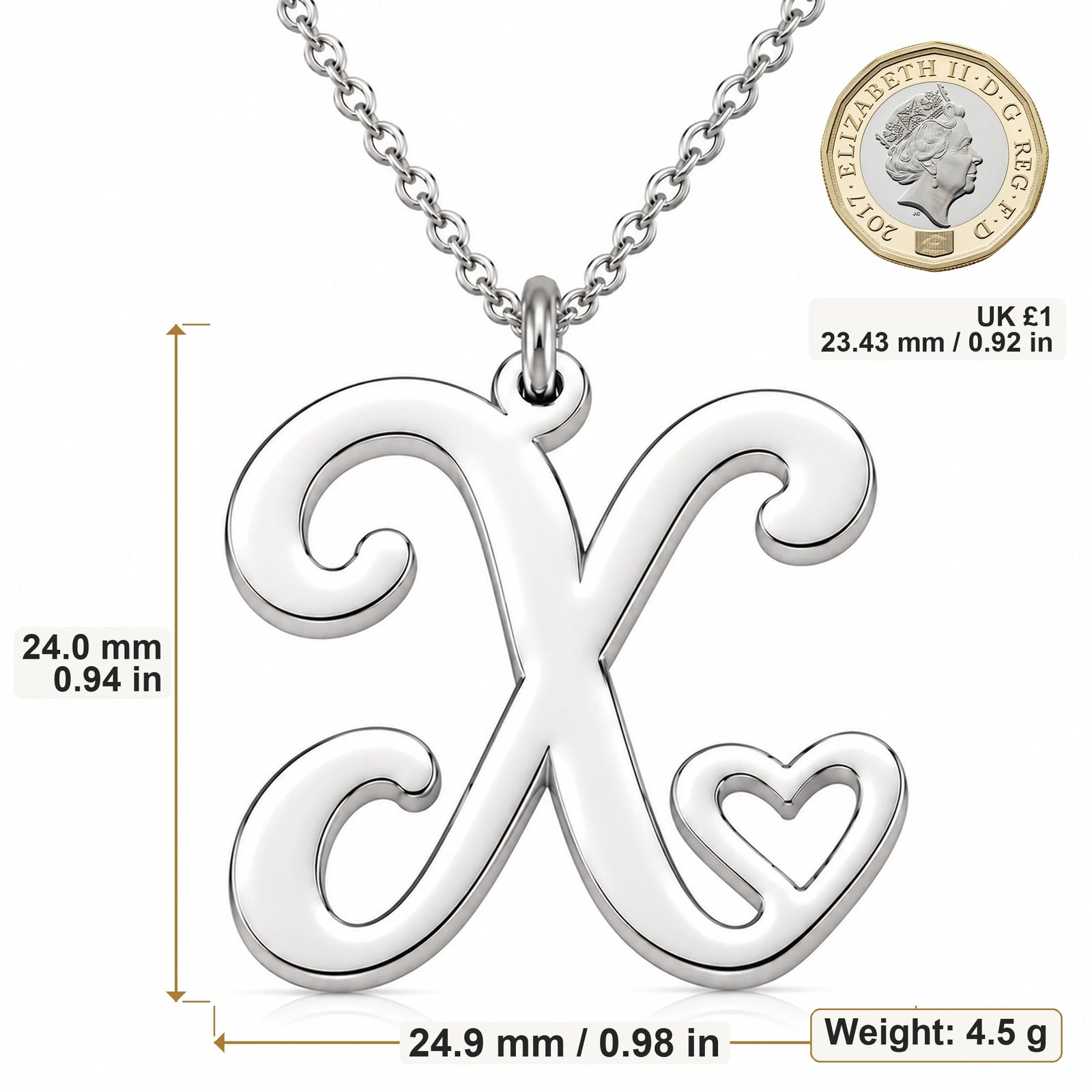 X Initial Heart pendant necklace size image showing 24 mm height and 24.9 mm width and 4.5 g weight