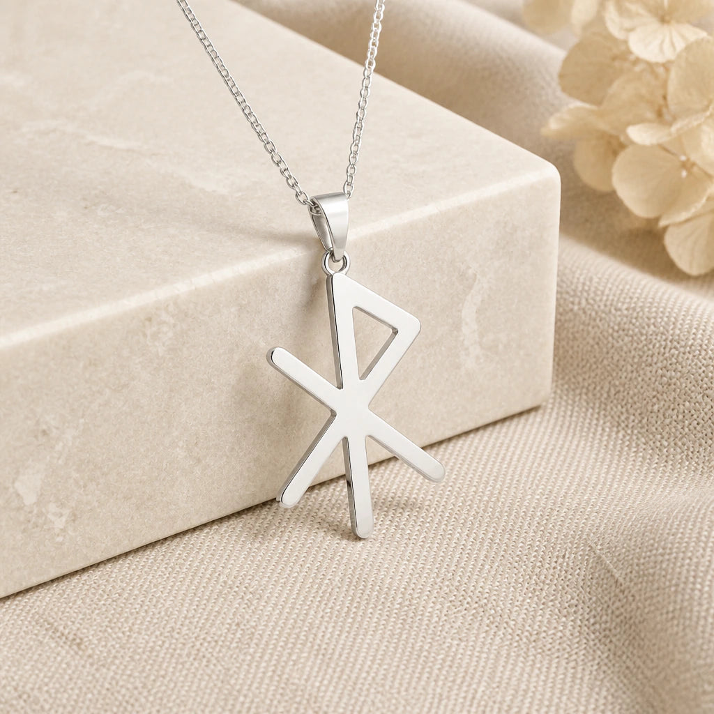 925 sterling silver viking rune of love pendant necklace on softly folded cream linen