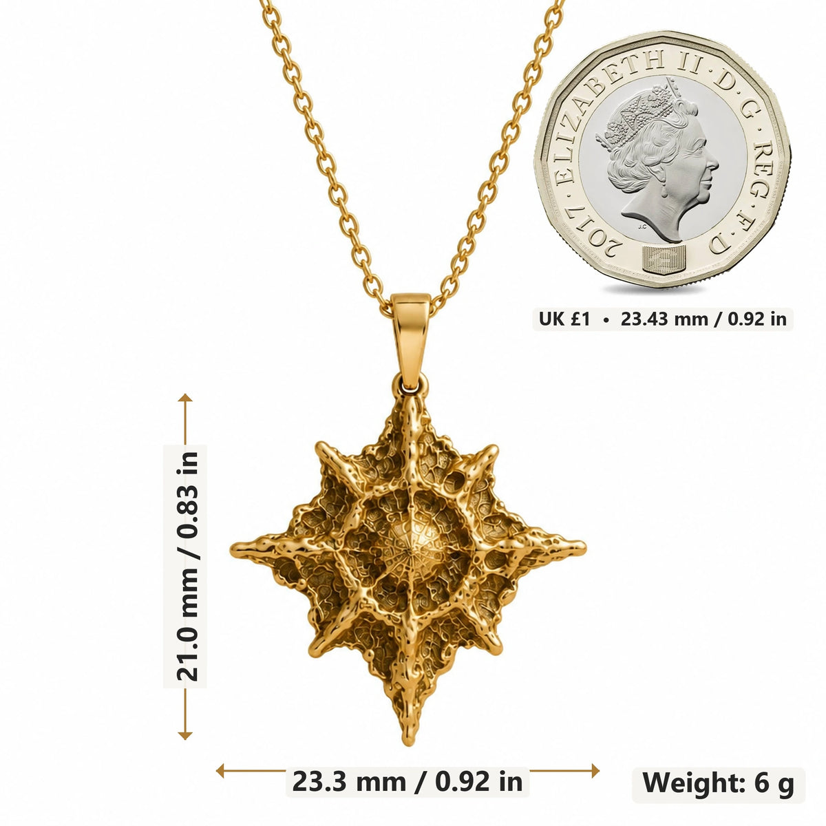 Polaris North Star pendant necklace size image showing 21.0 mm height, 23.3 mm width and 6 g weight