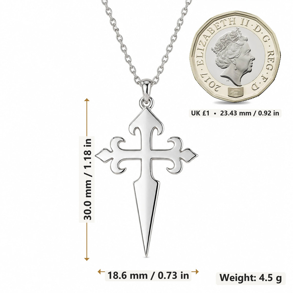 Gothic Cross Dagger pendant necklace size image showing 30.0 mm height, 18.6 mm width and 4.5 g weight