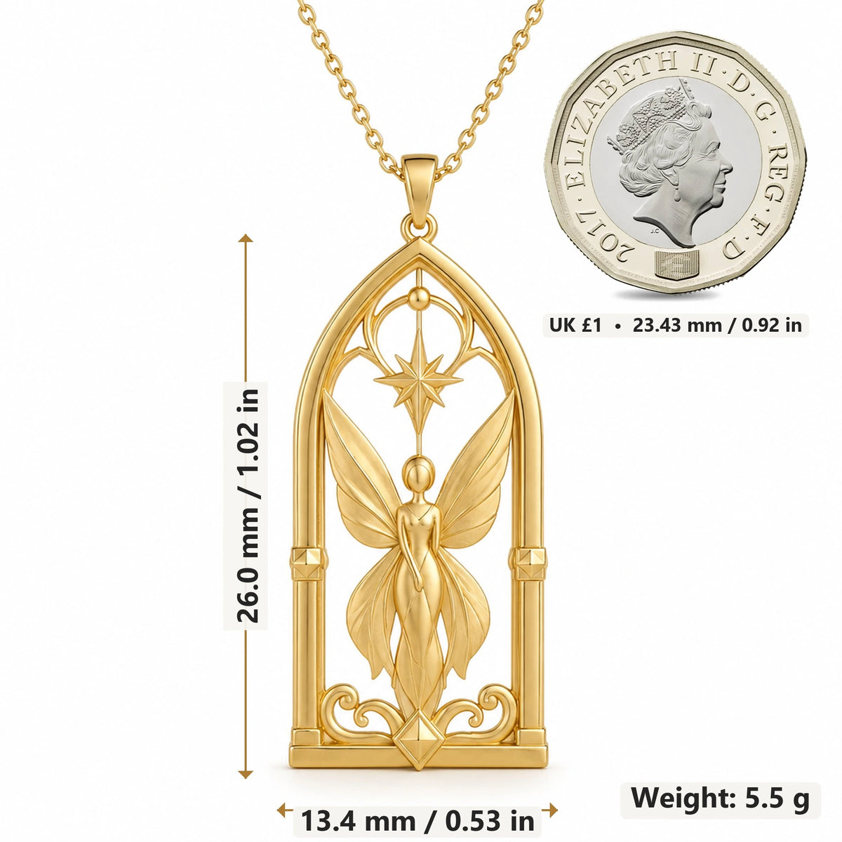 Celestial Fairy Gate pendant necklace size image showing 26.0 mm height, 13.4 mm width and 5.5 g weight