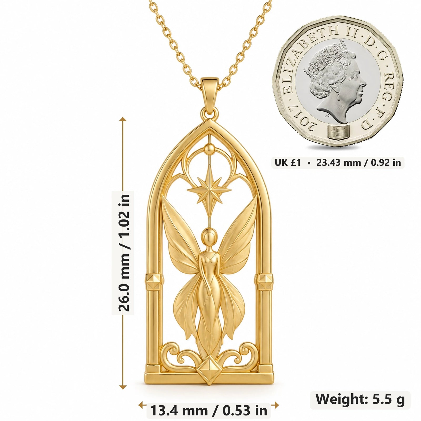 Celestial Fairy Gate pendant necklace size image showing 26.0 mm height, 13.4 mm width and 5.5 g weight