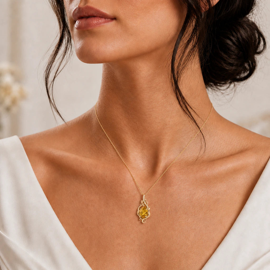 Curling Leaf Teardrop Birthstone Pendant Necklace worn, second view