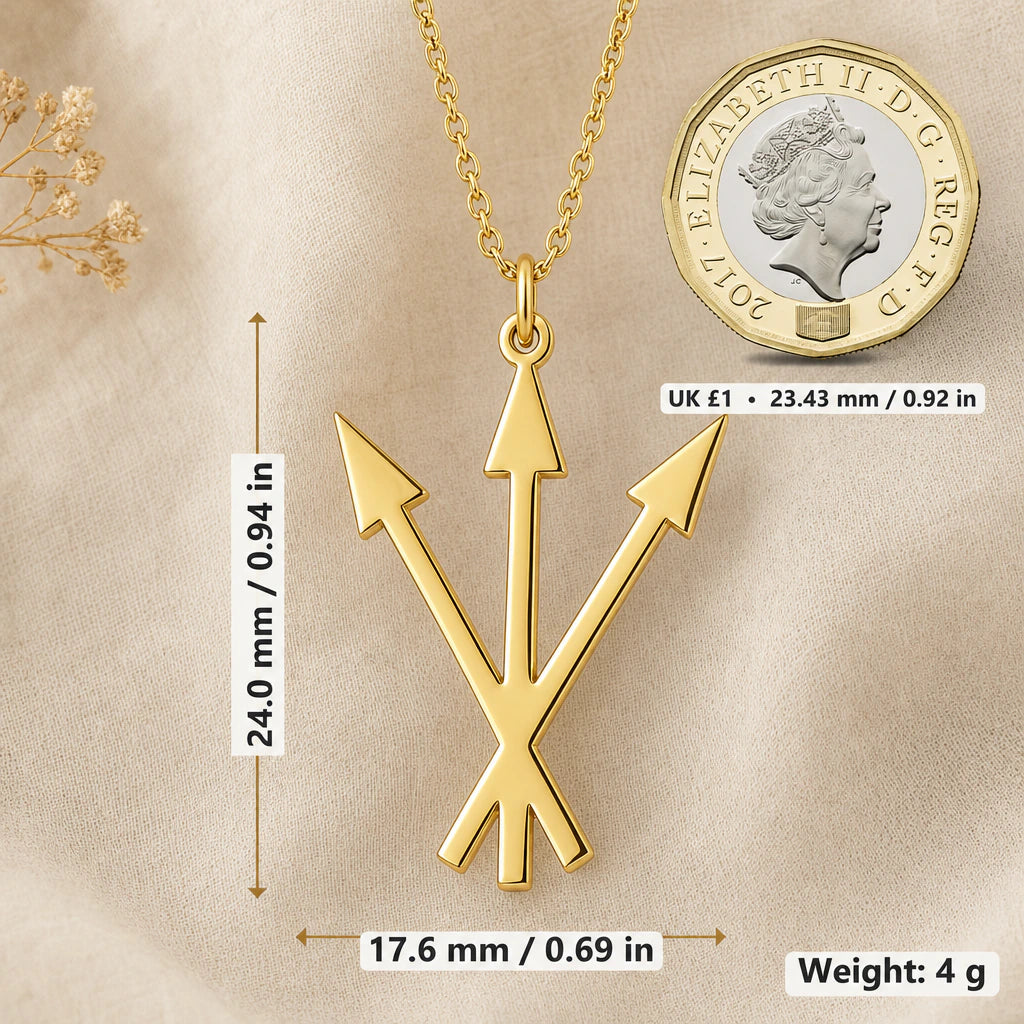Three Arrows Alchemy Symbol Pendant Necklace size guide, 24 by 17.6 mm