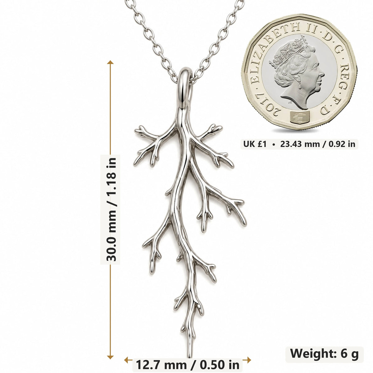 Mystic Forest Branch pendant necklace size image showing 30.0 mm height, 12.7 mm width and 6 g weight