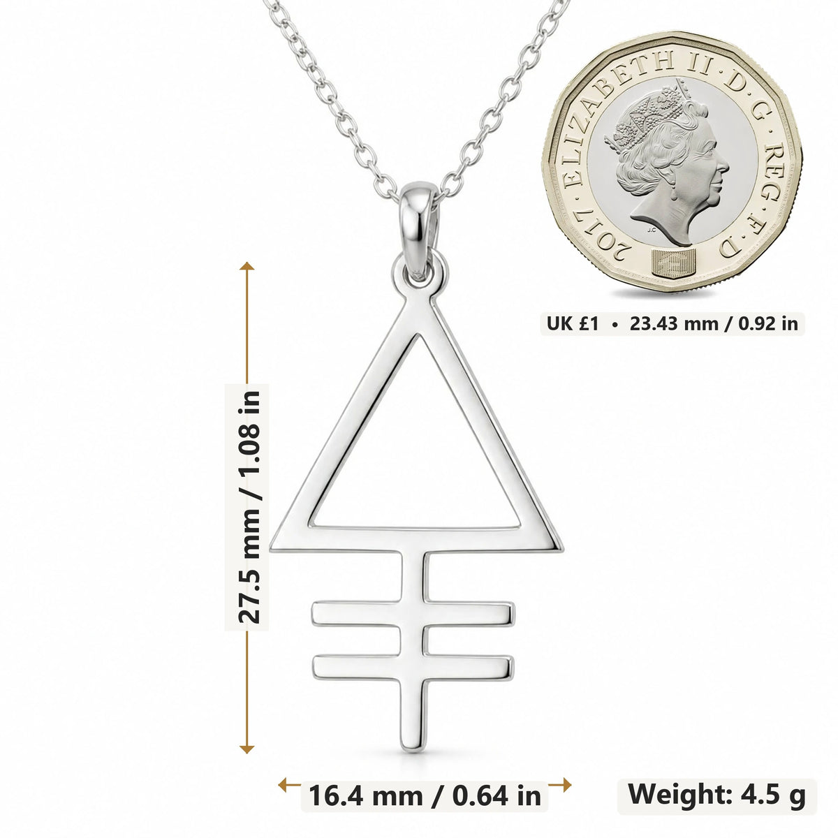 Phosphorus Alchemy Symbol pendant necklace size image showing 27.5 mm height, 16.4 mm width and 4.5 g weight