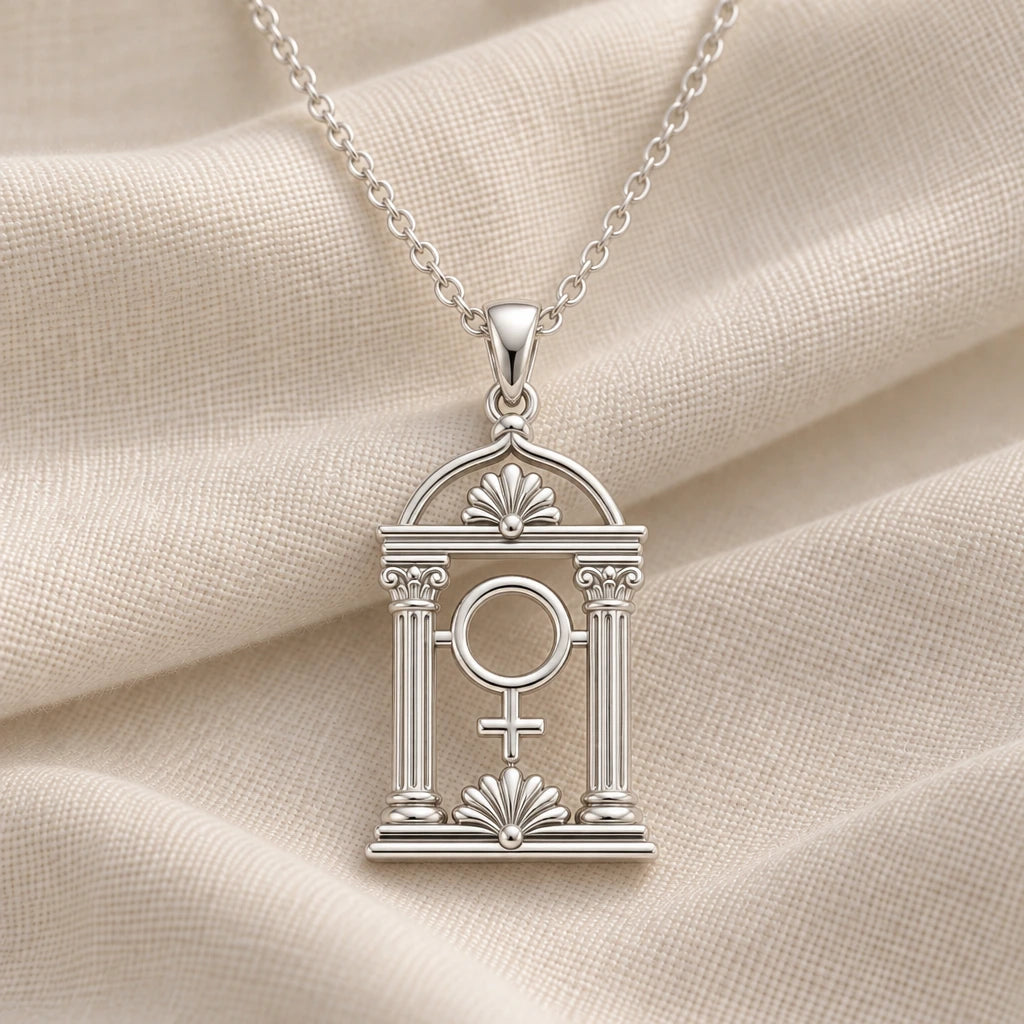 925 sterling silver venus temple pendant necklace on cream fabric