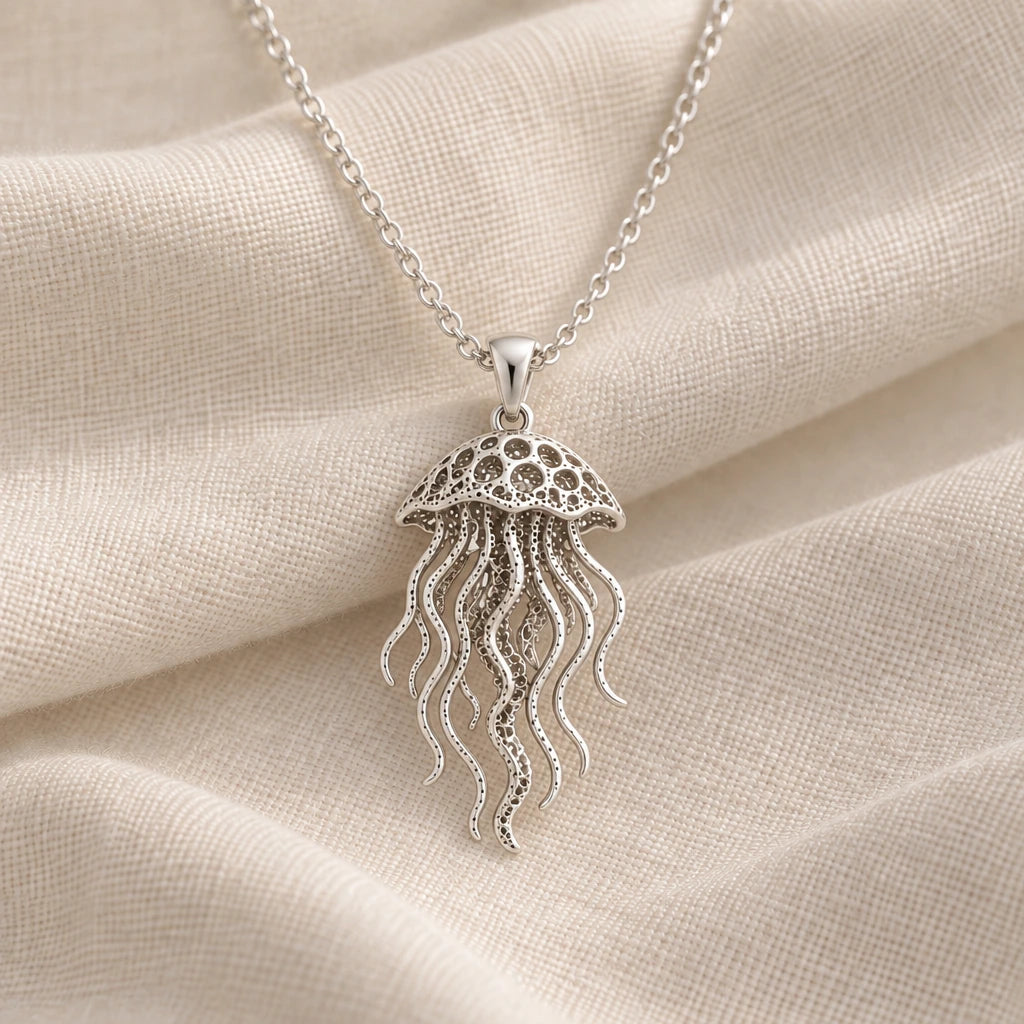 925 sterling silver fossil jellyfish halo pendant necklace on cream fabric