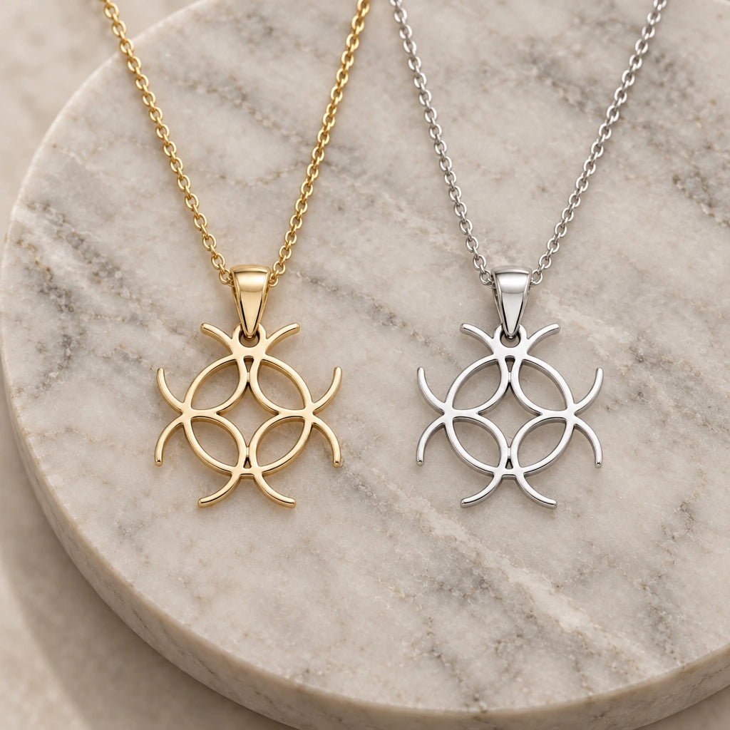 Solar Mandala Knot pendant necklace in silver and gold finishes side by side