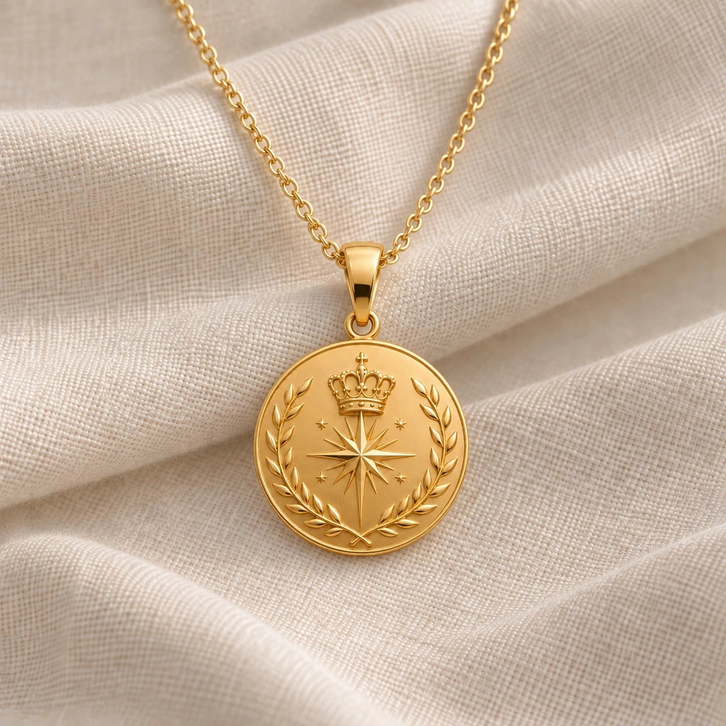 Crowned Compass Relic Disc pendant necklace in an 18k gold plated finish