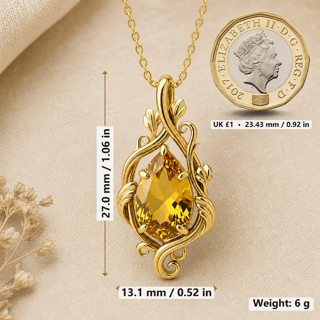 Curling Leaf Teardrop Birthstone Pendant Necklace size guide, 27 by 13.1 mm